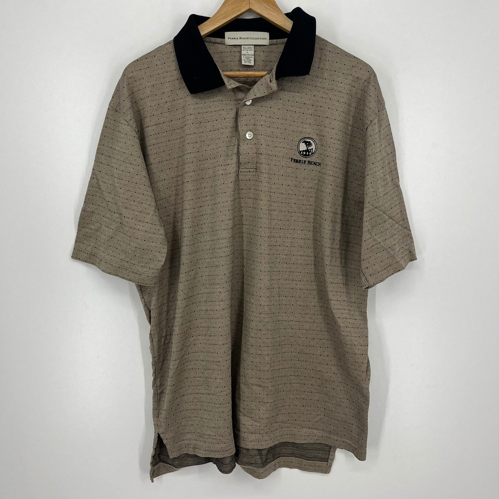 Pebble‎ Beach Collection Mens Large Polo Shirt Tan Dot Mercerized Cotton USA